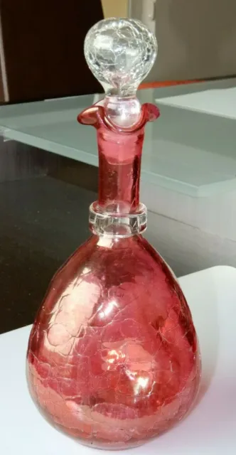 Hand-blown Cranberry Pinched Crackled Glass Decanter, Original Stopper  10" Tall