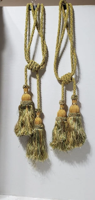 Large Gold/Green Tassel Drapery Tie Backs Braided Cord Fringe Decorative Pair