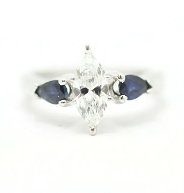 Marquise Diamond And Pearshaped Blue Sapphire Solitaire Ring In 14K White Gold