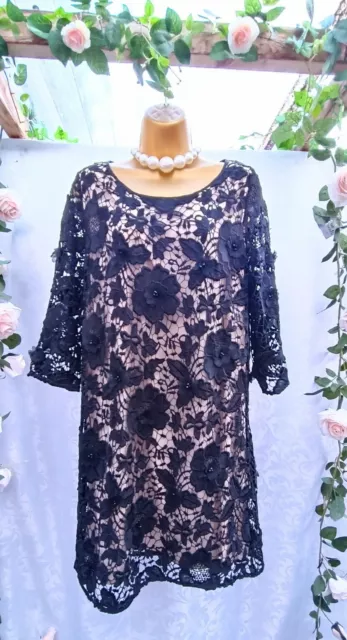 Next Dress Size 16 Occasion Party Black Crochet Lace 3D Flowers Shift Short