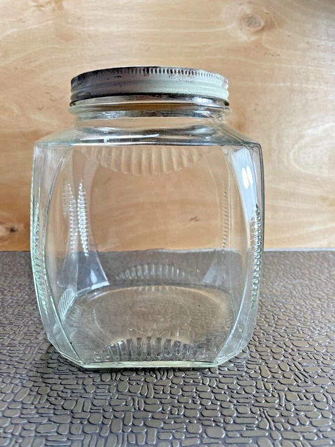 Vintage  Hoosier Cabinet Style Glass Square Canister Ribbed Corners Jar w Lid 2