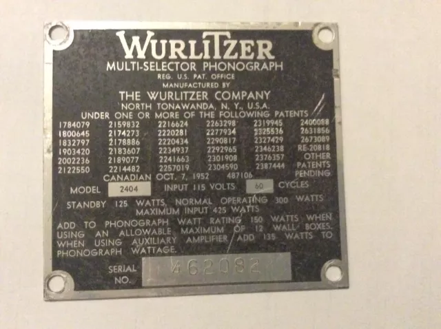 Wurlitzer 2404 jukebox I.D tag