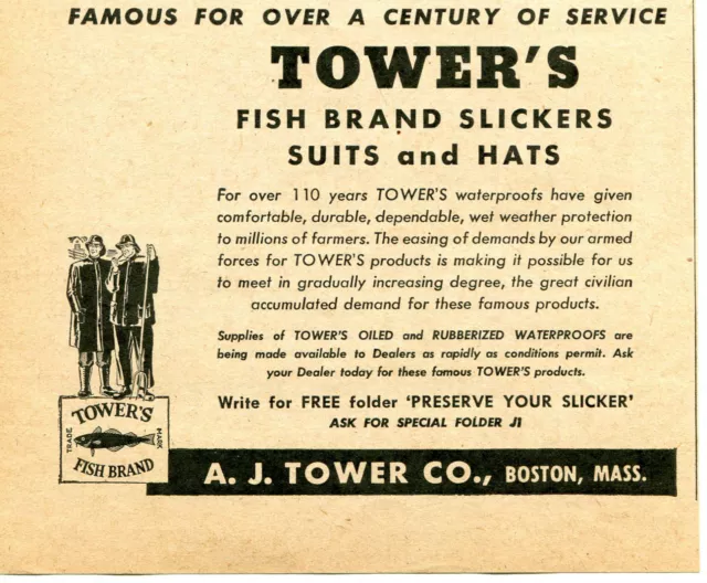 1946 AJ Tower Co Tower's Fish Brand Slickers Suits and Hats Print Ad