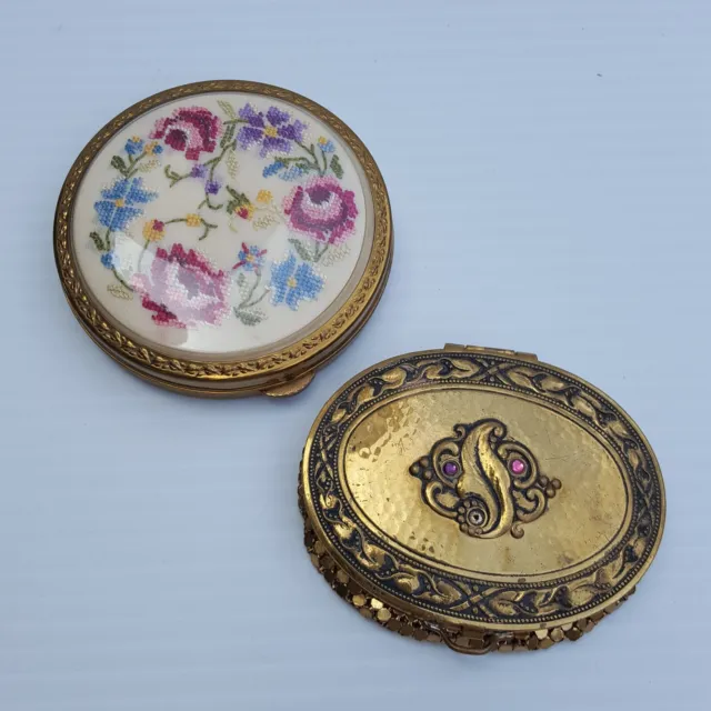 x2 Vintage Mirror Compacts - 1 Gold Petit Point Tapestry Flowers, 1 Gold Glomesh