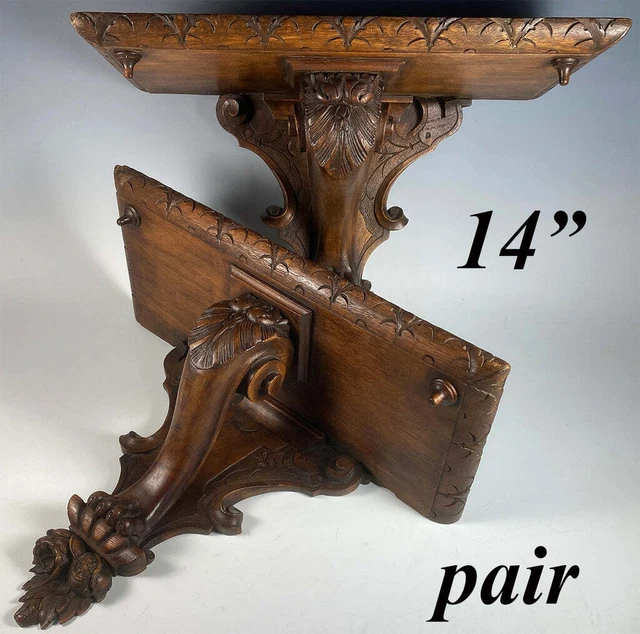 19th Century Pair (2) of 14" Wide Hand Carved French Wall Shelf Shelves, Bracket