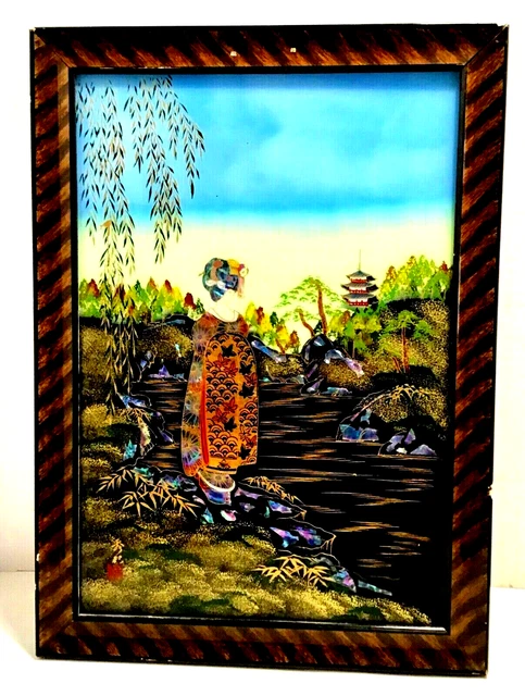 Reverse Painting on Glass Geisha Abalone Shell Gilt Antique Lacquer Frame Japan