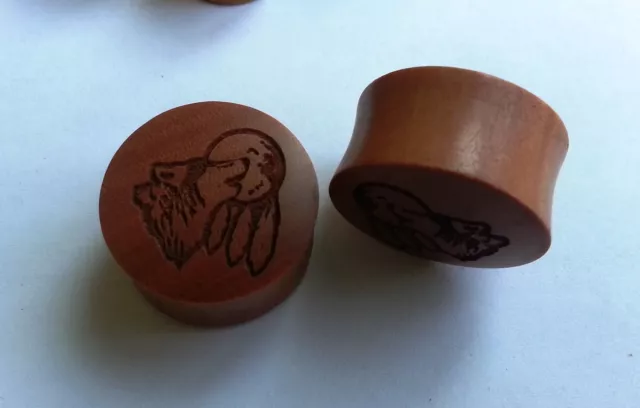 Pair ORGANIC Handmade Howling Wolf Moon Saba Wood Saddle Ear Plugs Tunnel Gauges 3