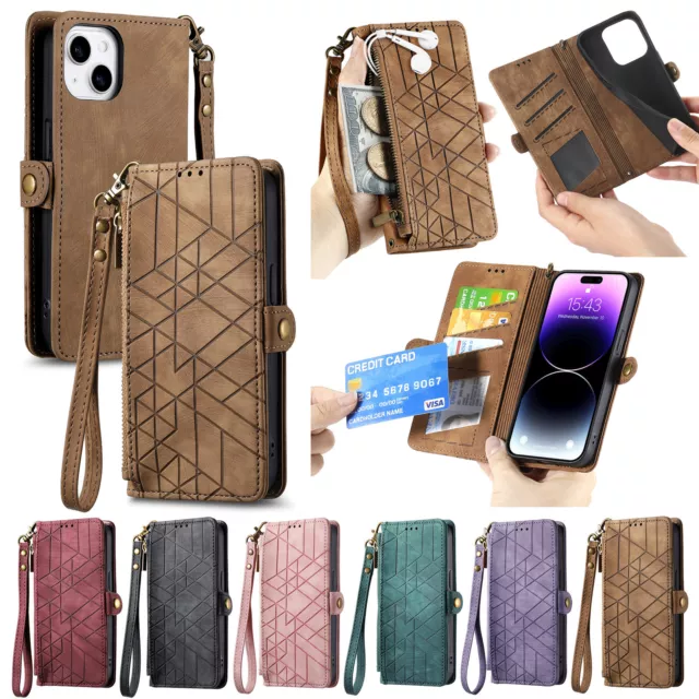 For iPhone 14/13/12/11/X/8/7 Wallet Case Card Slot Stand Function Zipper Storage