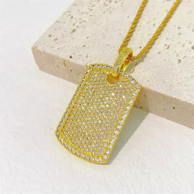 Rea Moissanite 3.60Ct Round Cut Rectangle Dog Tag Pendant 14K Yellow Gold Plated