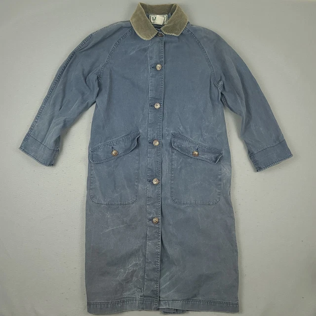 Vintage LL Bean Coat Womans Large Blue Denim Duster Adirondack Vented Barn Chore