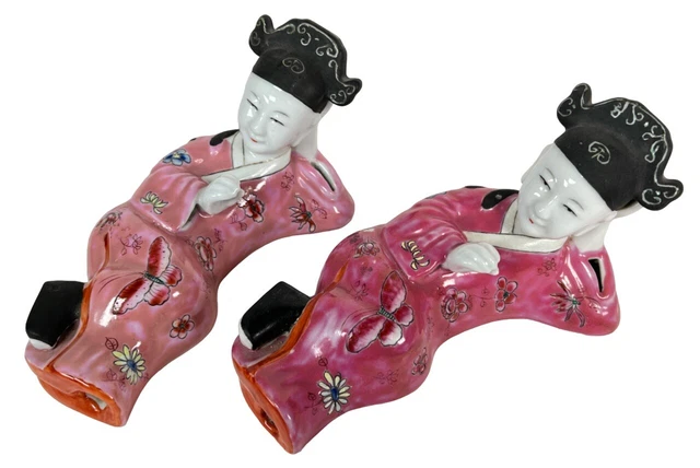 Pair Chinese Famille Rose Porcelain Leaning Reclining Opium Wall Figures Statues