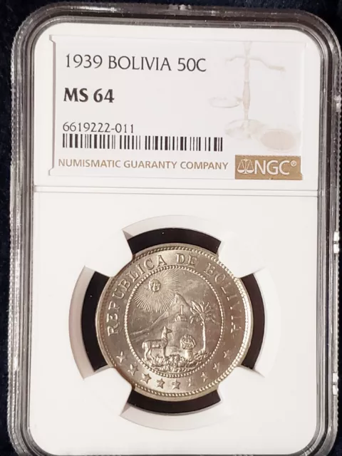 Yo 1939 NGC MS64 Bolivia 50 Centavos