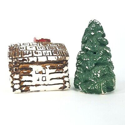 Vtg Snowy Holiday Log Cabin And Christmas Tree Ceramic Salt & Pepper Shaker Set