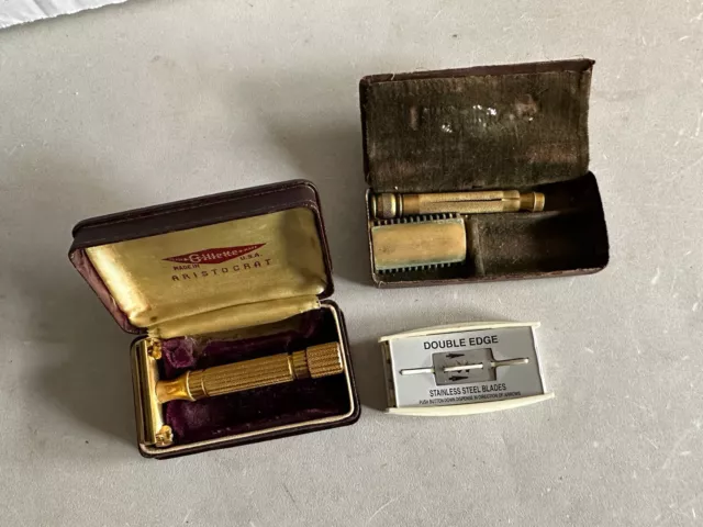 Antique Vintage Gillette Gold Aristocrat Razor Original Case & 2 More Items