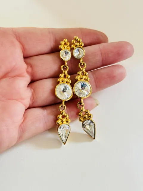 VTG Bijoux New York Designs Earrings Gold Crystal Pierced dangle Statement Rare