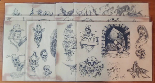 Lote de 12 Hojas de Producción Greg Irons 1982-85 Ciclista Vintage Tatuaje Flash Calaveras