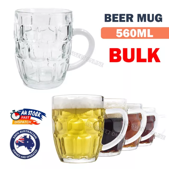 2x 6x Beer Mug 560ml Jug Glass With Handle Dimple Print Party Bar Glasses Drink