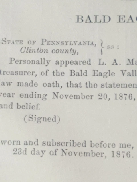 1876 TRAIN DOCUMENT BALD EAGLE VALLEY RAILROAD Lock Haven Tyrone