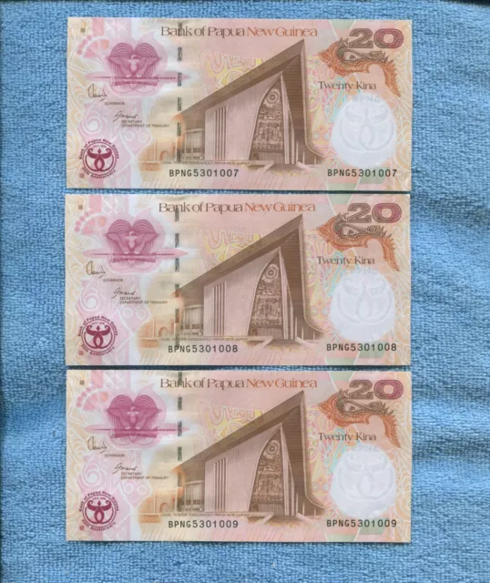 3 x Consecutive Papua New Guinea 20 Kina paper Banknotes  E-137