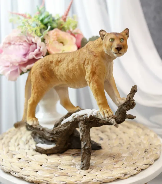 Mountain Lion Cougar Standing On Snow Capped Weathered Log Statue Wildlife Decor