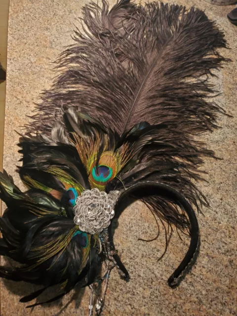 Peacock Marabu Feather Headpiece Halloween Showgirl Burlesque 20s Glam Black