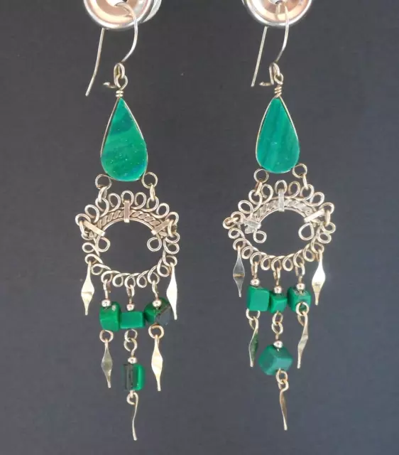 3 1/4" SILVER CROWN Malachite Boho Gypsy Peruvian Handmade Chandelier Earrings