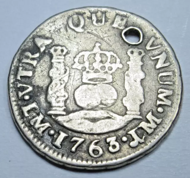 1763 Spanish Peru Silver 1/2 Reales Genuine 1700's Colonial Pirate Pillar Coin