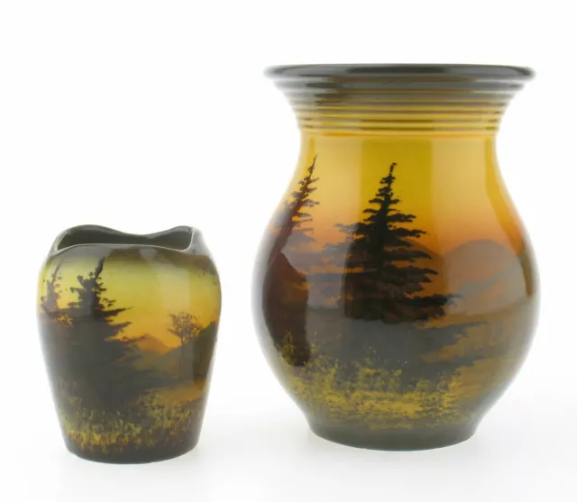 SMF Majolika Keramik große und kleine Vase mit Schwarzwald Dekor Vintage 3