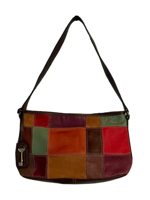 Fossil Patchwork Shoulder Handbag Purse Leather Suede Multicolor Vintage