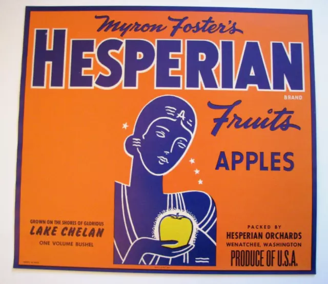 Original HESPERIAN apple crate label Myron Foster's Wenatchee WA Lake Chelan