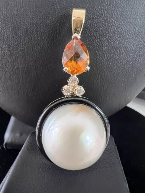 Natural 14K Yellow Gold Salt Water Mabe Pearl 1.79CT Citrine Diamond Pendant NEW 2