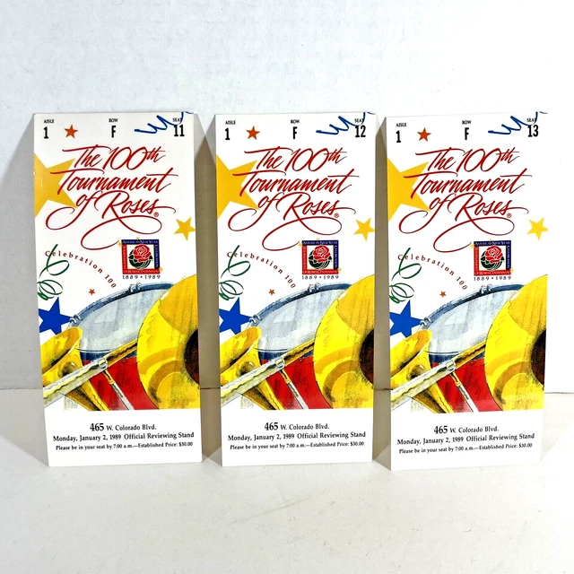 100TH ROSE PARADE 3 Tickets 1989 Tournament Roses Official Review Stand