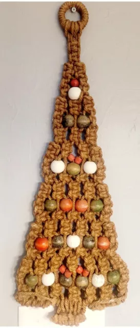 Vintage Macrame Christmas Tree Wall Hanging Handmade Wood Ball Ornaments HTF MCM