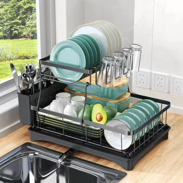 Dish Drying Rack for Kitchen Counter, 2-Tier Dish Drainer with Glass Holder AU