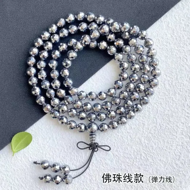 6mm Natural Terahertz Wave Gemstone Crystal Three Laps Round Bead Bracelet AAAA