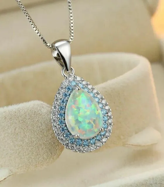 5Ct Pear Cut Lab Created Opal Women's Pendant with Chain 14K White Gold Plated