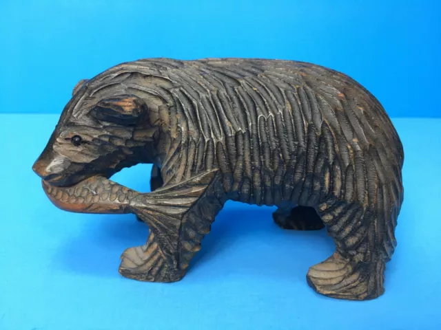 Japanese Ainu Wood Hand Carved Hokkaido Bear with Salmon #2