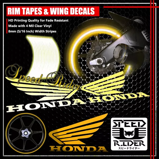 Yellow Reflective Rim Tape Car Bike Wheel Stripe+Honda Wing Logo Decal 16 17 18