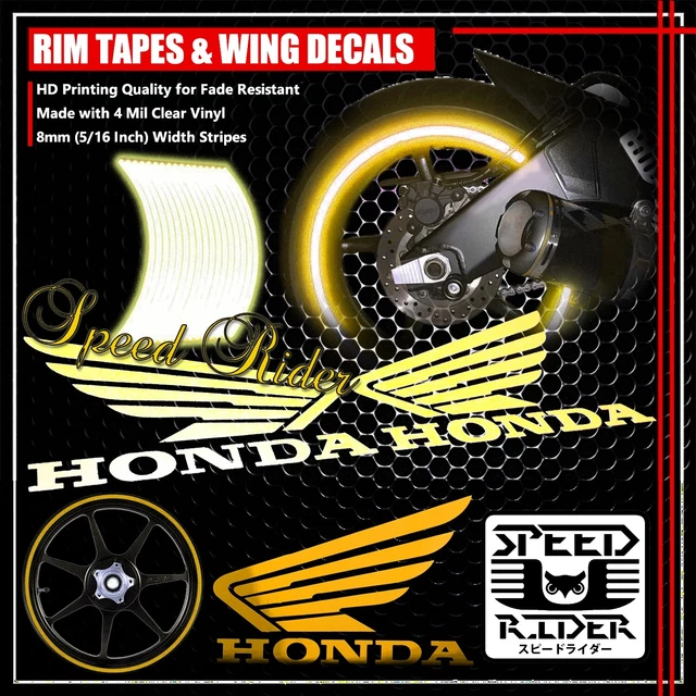Yellow Reflective Rim Tape Car Bike Wheel Stripe+Honda Wing Logo Decal 16 17 18