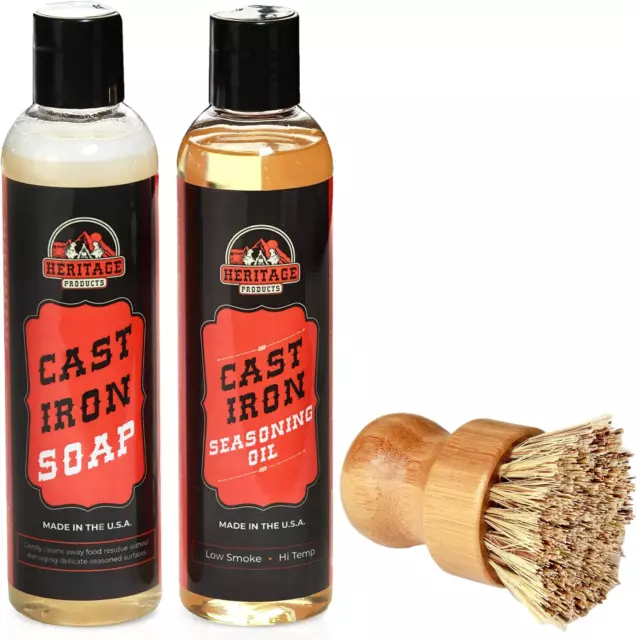 Heritage Products Cast Iron Soap, Skillet Seasoning Oil and Brush, 3-Pc Cast Iro