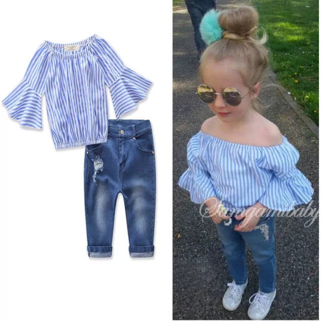 2pcs Toddler Infant baby Girls Outfits stripe Tops+Denim Pants Kids Clothes Set