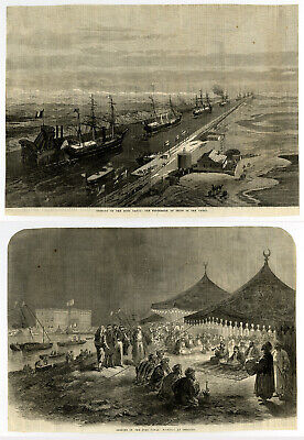 2 Antique Prints-HISTORY-TRANSPORT-SUEZ CANAL-EGYPT-OPEN-LESSEPS-Anonymous-1869