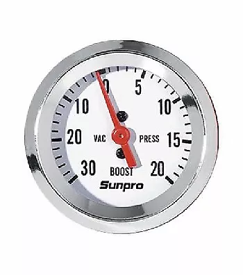 Sunpro 2" Vacuum / Boost Gauge White / Chrome Bezel New CP8203 Authorized Dist.