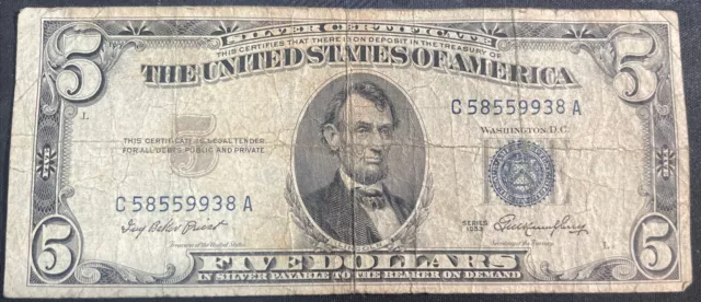 Series 1953 C $5 Silver Certificate And Uneven Cut Error/Even Non Error