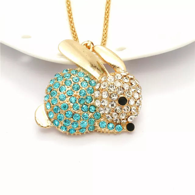 New Betsey Johnson Delicate Lovely Blue Crystal Small Bunny Pendant   Necklace
