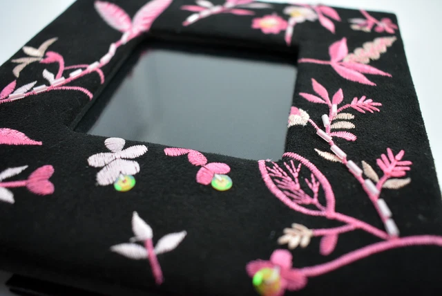 Gorgeous 6x6 Satin velvet sequin bead black picture frame pink floral boho bling
