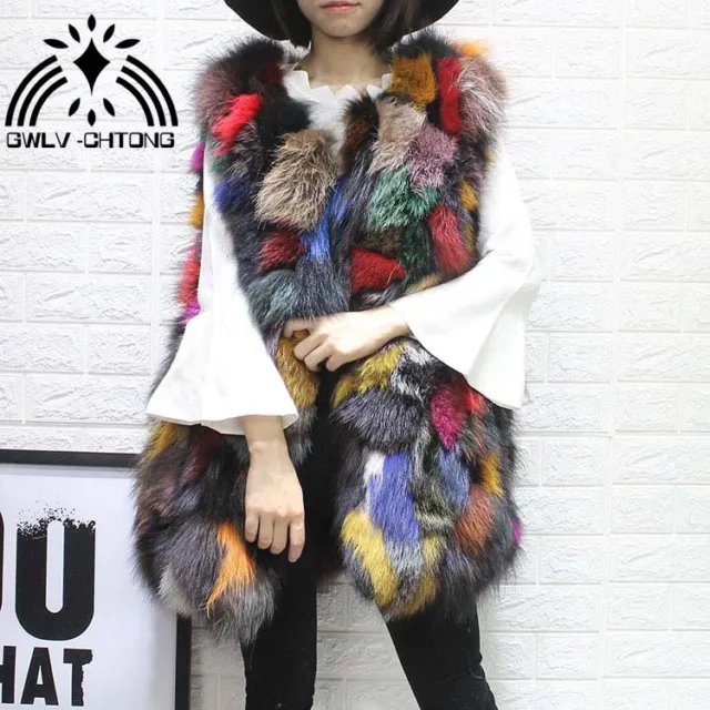 Real natural genuine fox fur vest women long fashion multi-color colorful gilet