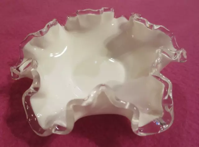 Vintage Fenton Silver Crest White Milk Glass Ruffled Rim Bowl Candy Dish