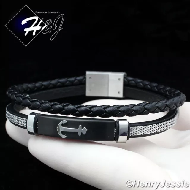 8"MEN Stainless Steel Silver/Black Plated Anchor Braided Leather Bracelet*B105