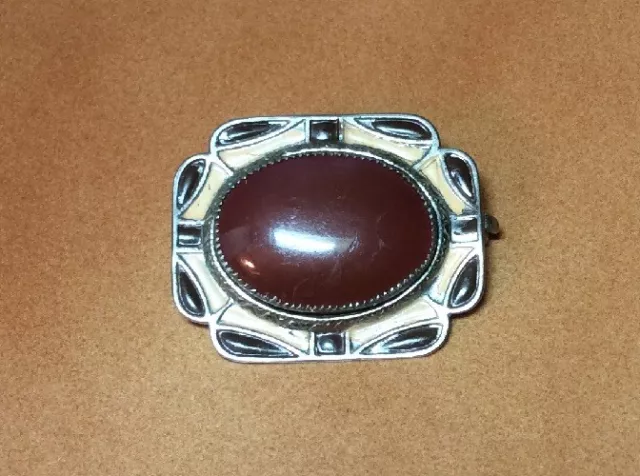 Vintage Art Deco Silver & Enameled Brown Austrian Art Glass Brooch